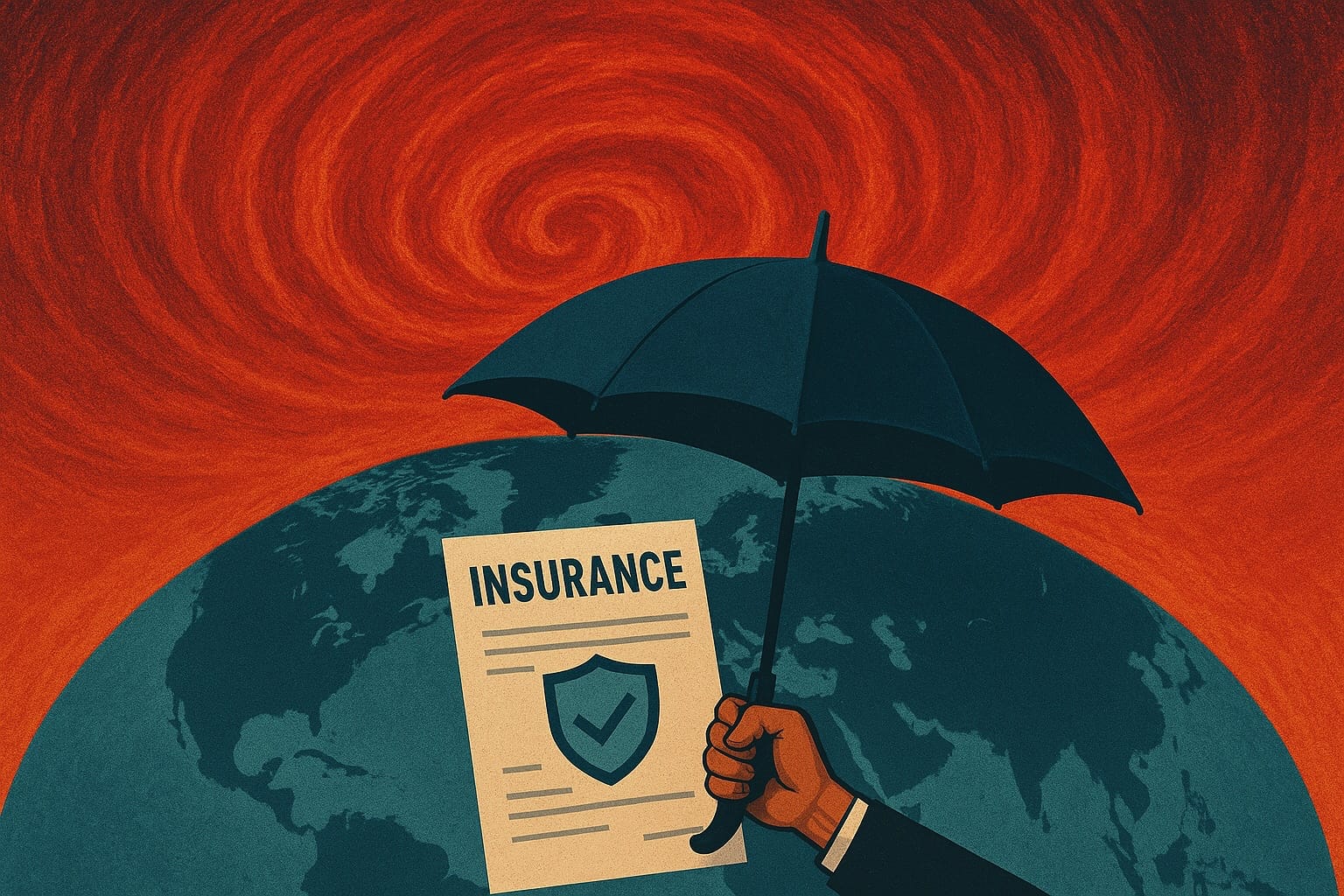 Illustration of a hand holding an insurance policy under an umbrella above the globe, against a swirling red sky